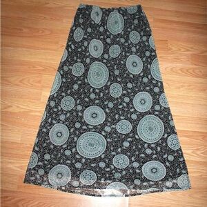 Black and Teal Maxi Skirt with Circular Patterns